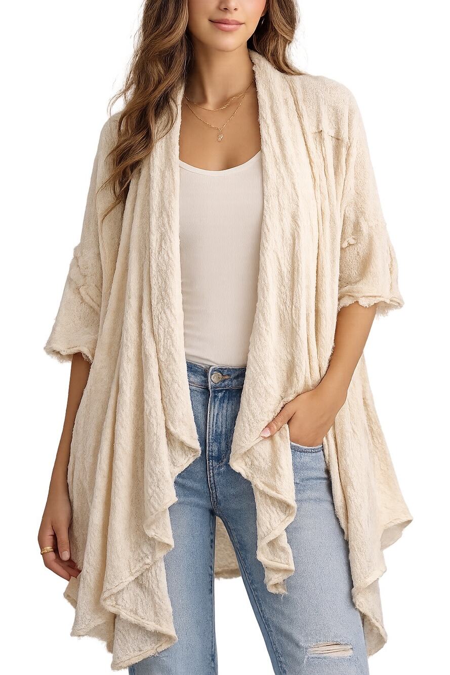 Free People Cardigan Womens M Ivory Open Front Drape Boho Knit Sweater Wrap